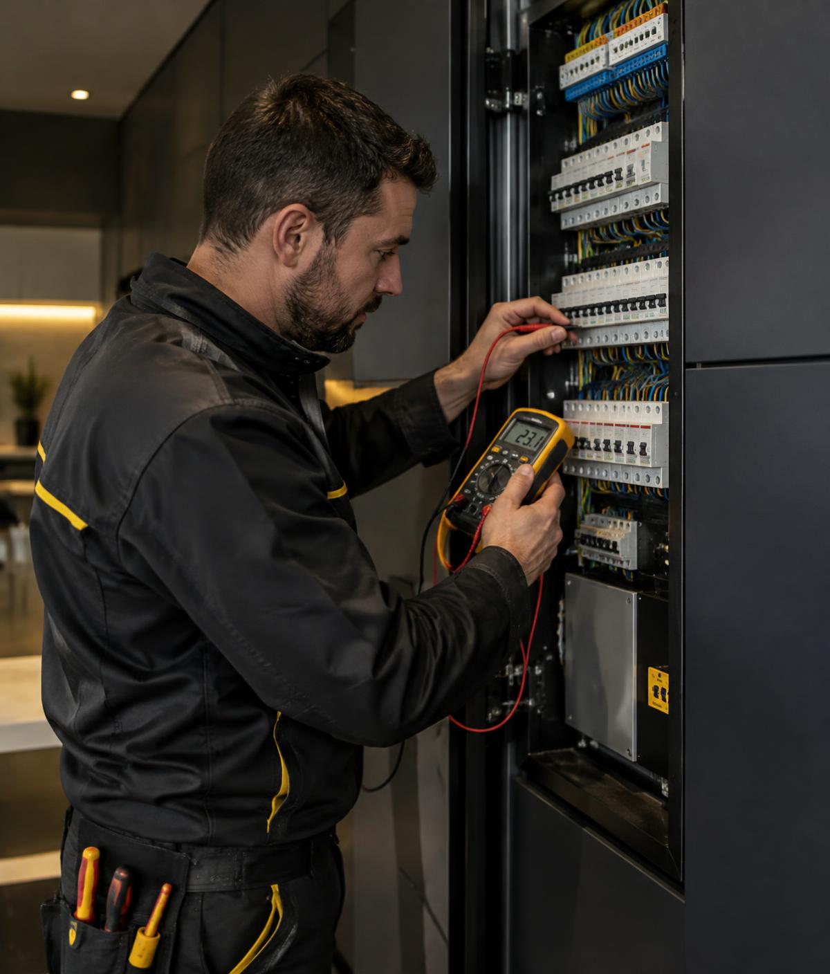 Elektricien inspecteert een zekeringkast met een multimeter