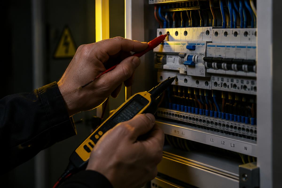 Elektricien test een differentieelschakelaar in een zekeringkast